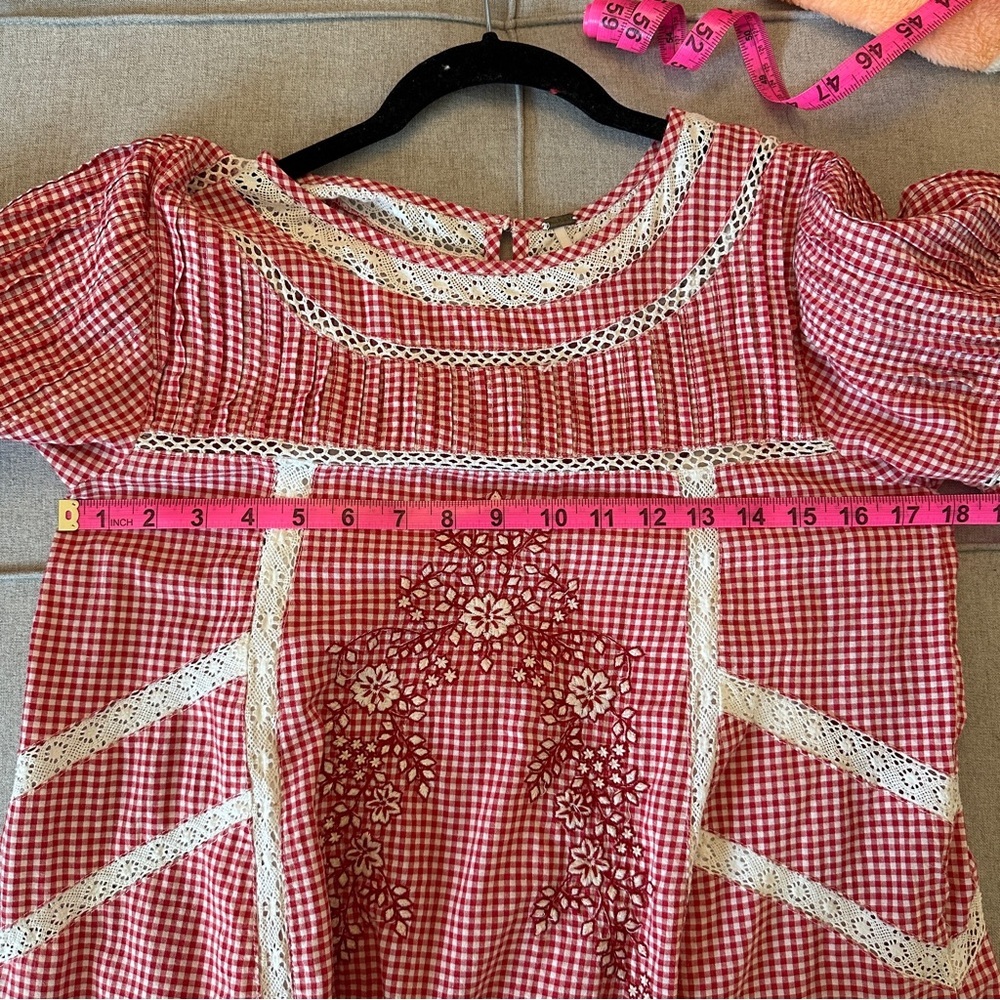 Free People Sunny Day Embroidered Red Gingham Shift Dress with Short Sleeves - Picture 10 of 11